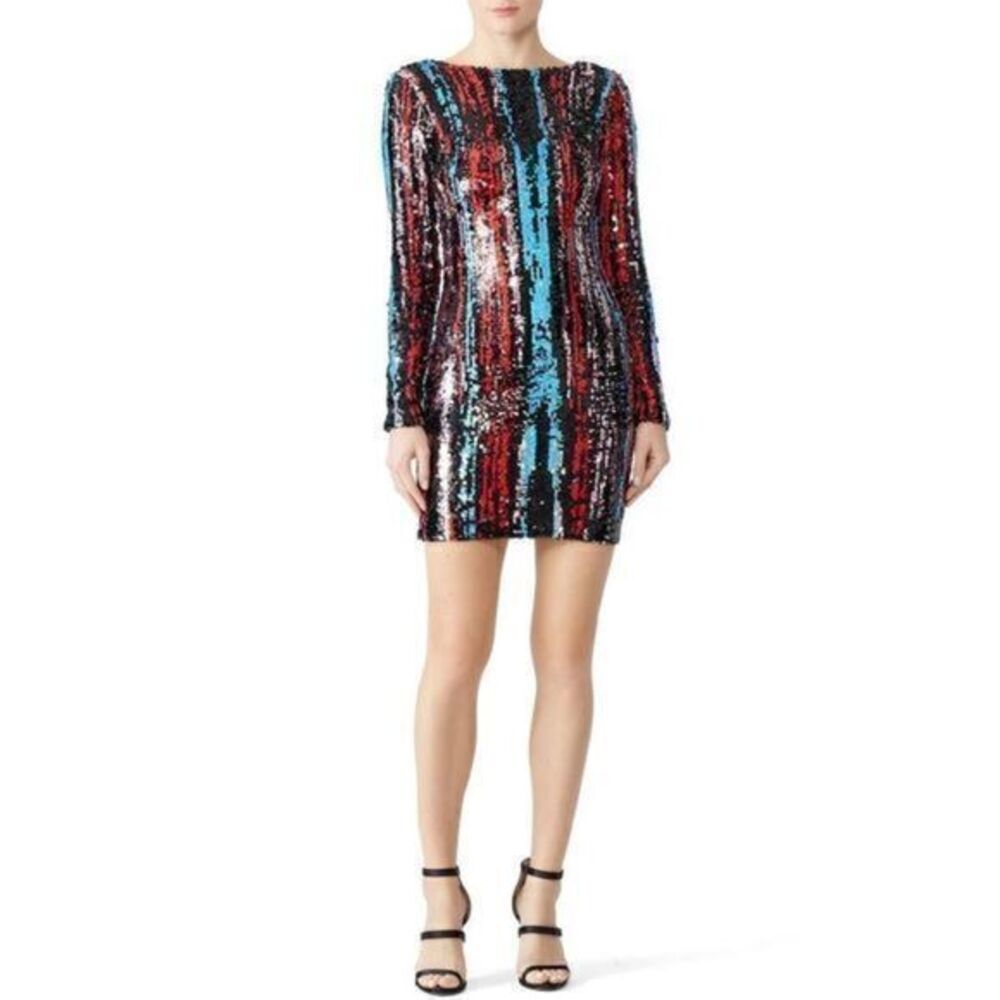 DRESS THE POPULATION Red Multi Brush Stroke Sequin Lola Sheath Dress M